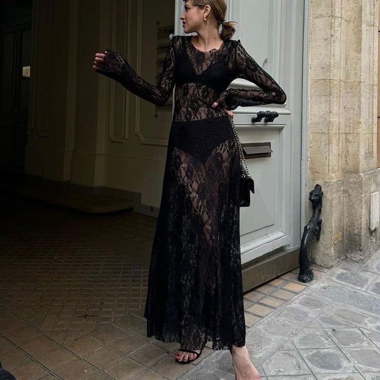 Summer Sexy Black Lace Round Neck Long Sleeve Asymmetrical Slit Dress
