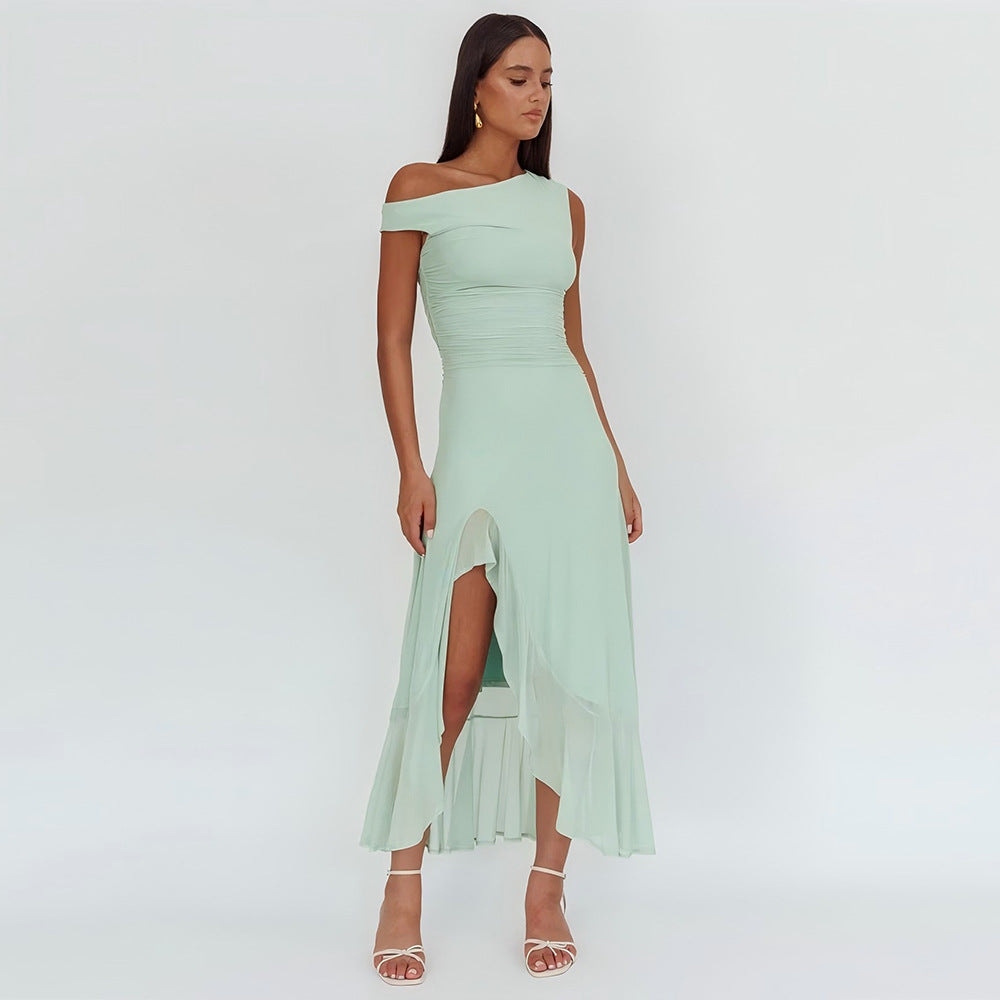Summer Women's Solid Color Asymmetrical Neck Ruffled Split Waist Slim Dress
