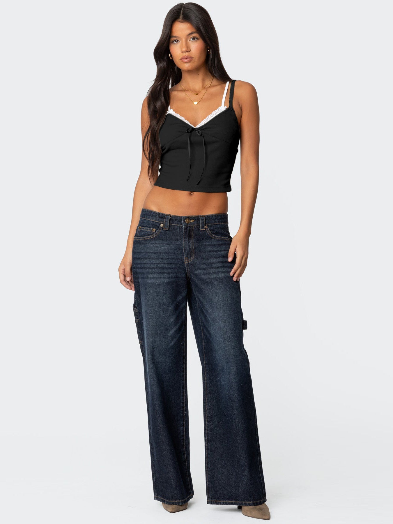 Women's Spring Summer Fashion Contrast Lace Patchwork Double-Strap Camisole with Bow – Slim Fit Faux Two-Piece Top