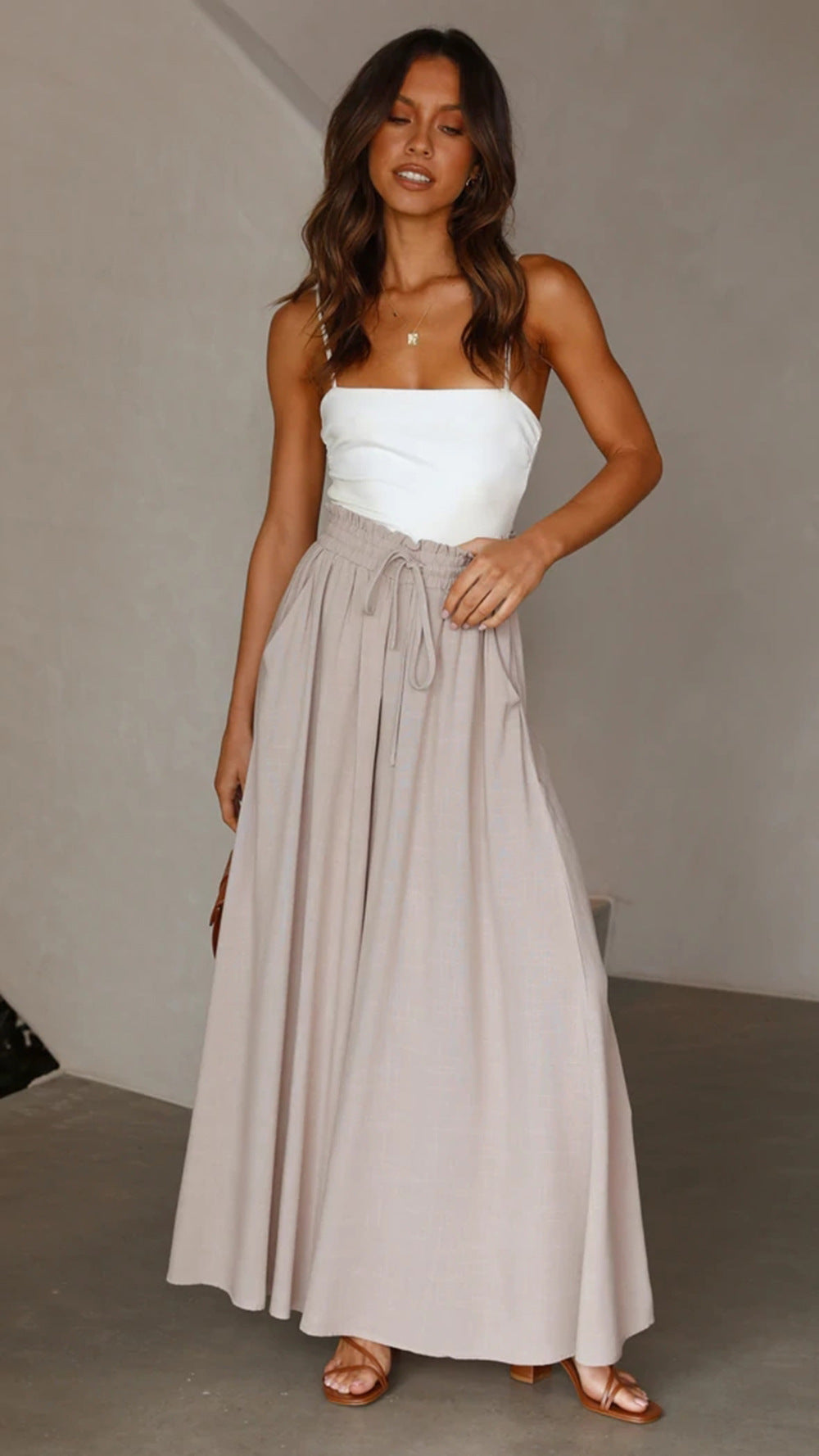 Women’s Multi-Color Elastic Waist High-Waisted Wide-Leg Long Skirt Pants