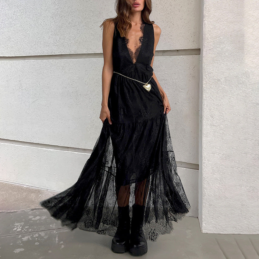 Women's Sexy Lace V-Neck Long Dress