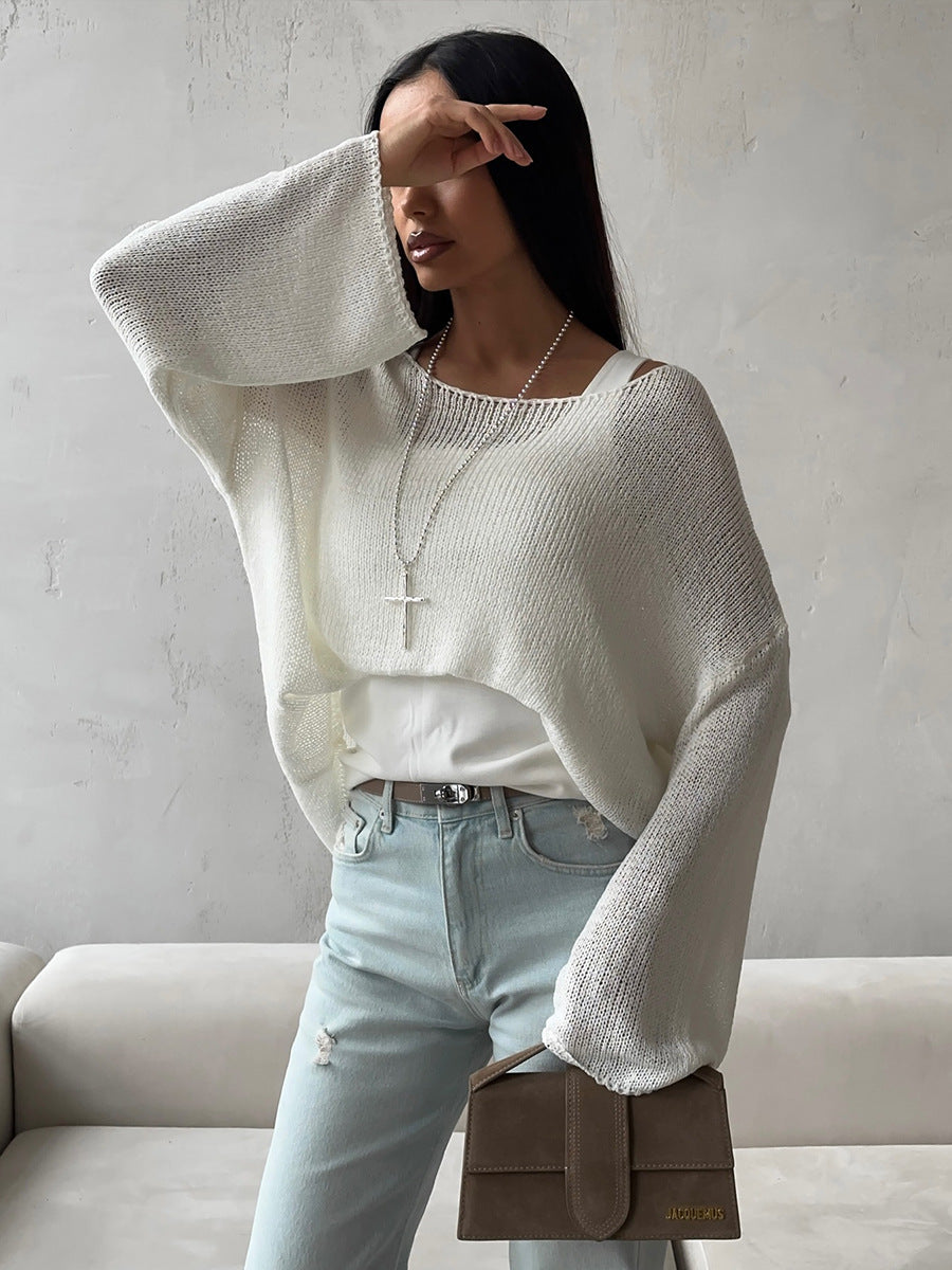 Women's Spring Summer Solid Color Knit Sweater – Loose Fit Long Sleeve Pullover with Hollow-Out and Draped Hem
