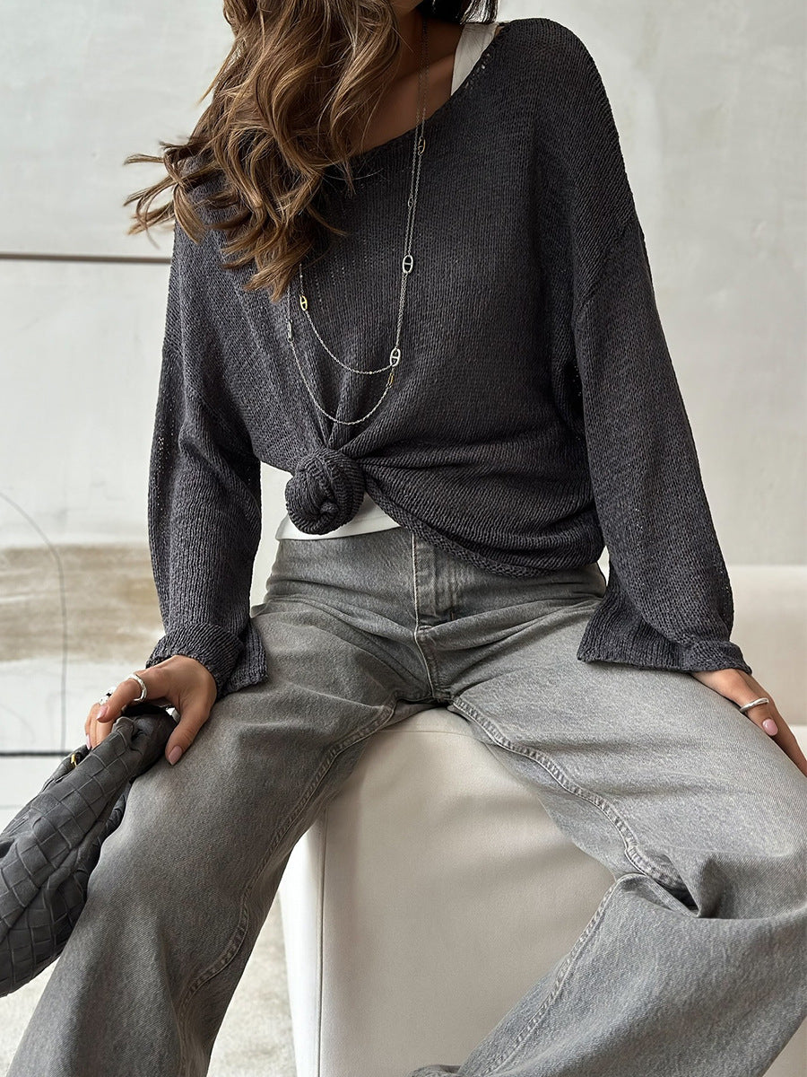Women's Spring Summer Solid Color Knit Sweater – Loose Fit Long Sleeve Pullover with Hollow-Out and Draped Hem