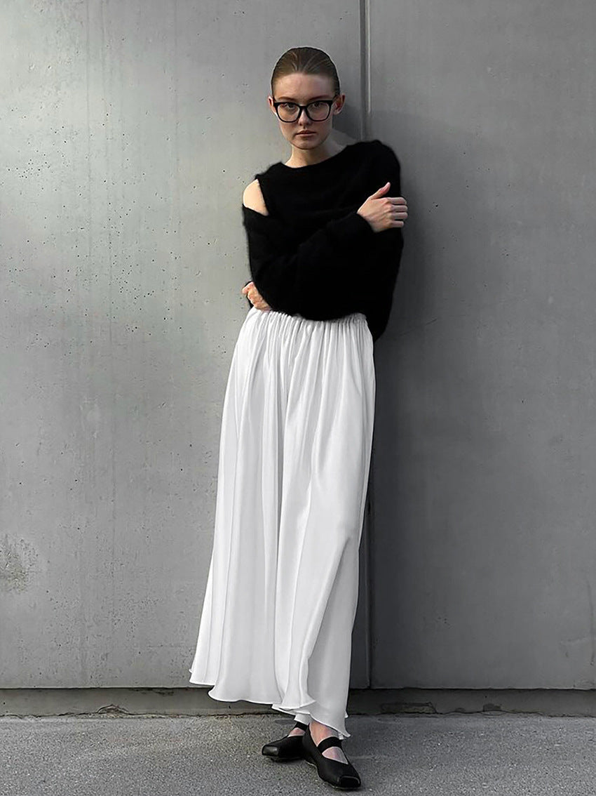 Women's White Satin High-Waist Elastic Waistband Midi Skirt