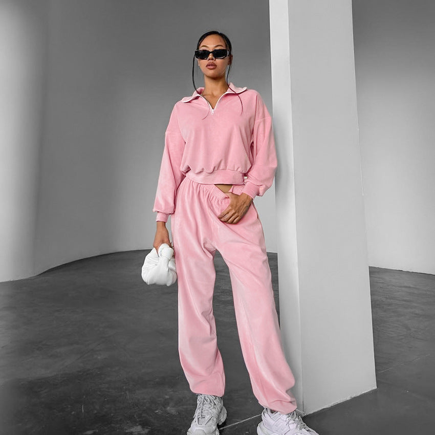 Women's Pink Velvet Knit High-Waisted Pencil Pants Sports Casual Set