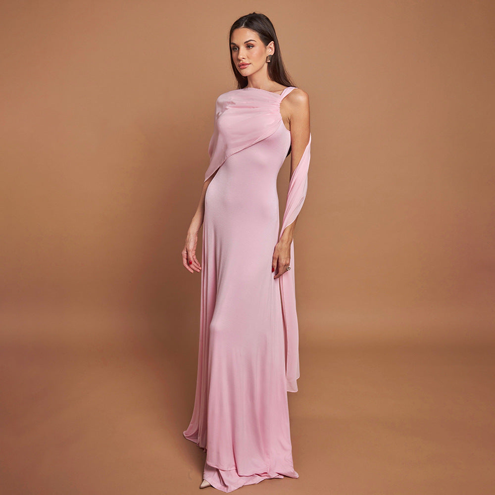 Women's Solid Color Puff Sleeve Pleated Maxi Dress with Asymmetrical Square Neck and Flowing Tie Detail