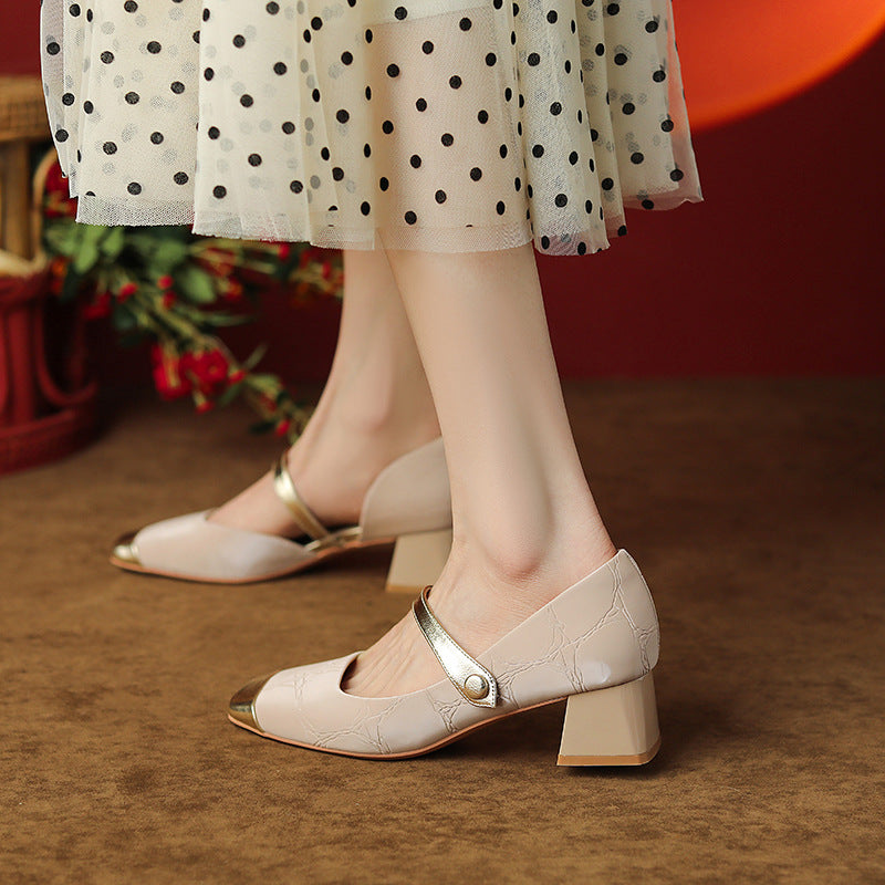 Vintage French Color Block Mary Jane Shoes with Chunky Heels