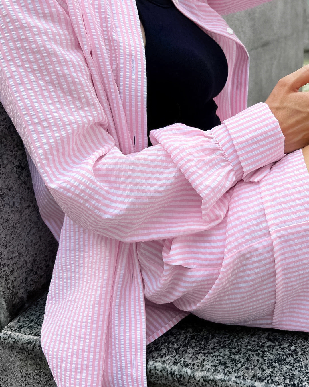 Women's Casual Pink Striped Collared Long Sleeve Shirt & High Waist Shorts Set