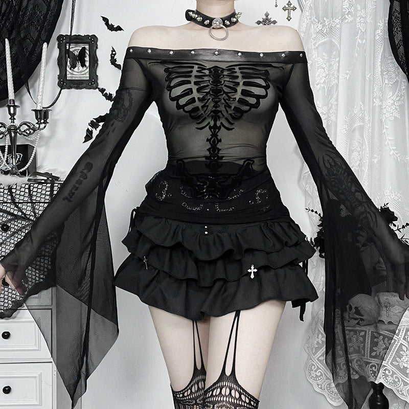 Women's Sexy Gothic Flocked Skull Print Top