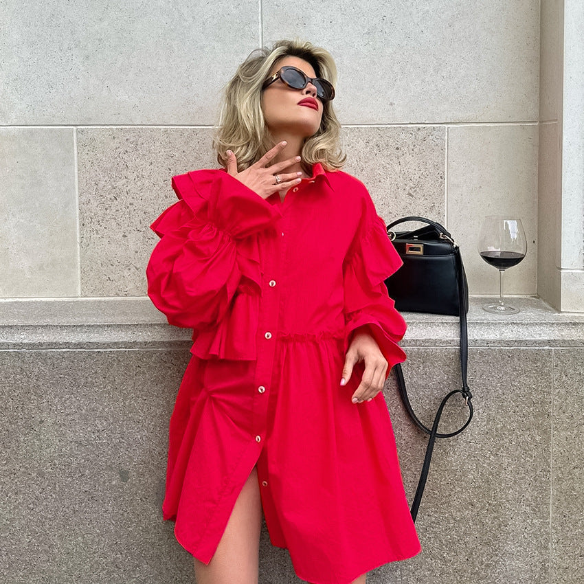 Women's Red Cotton Long Sleeve Ruffle Shirt with Turn-down Collar