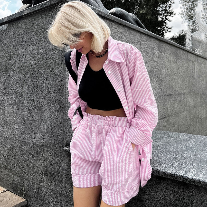 Women's Casual Pink Striped Collared Long Sleeve Shirt & High Waist Shorts Set