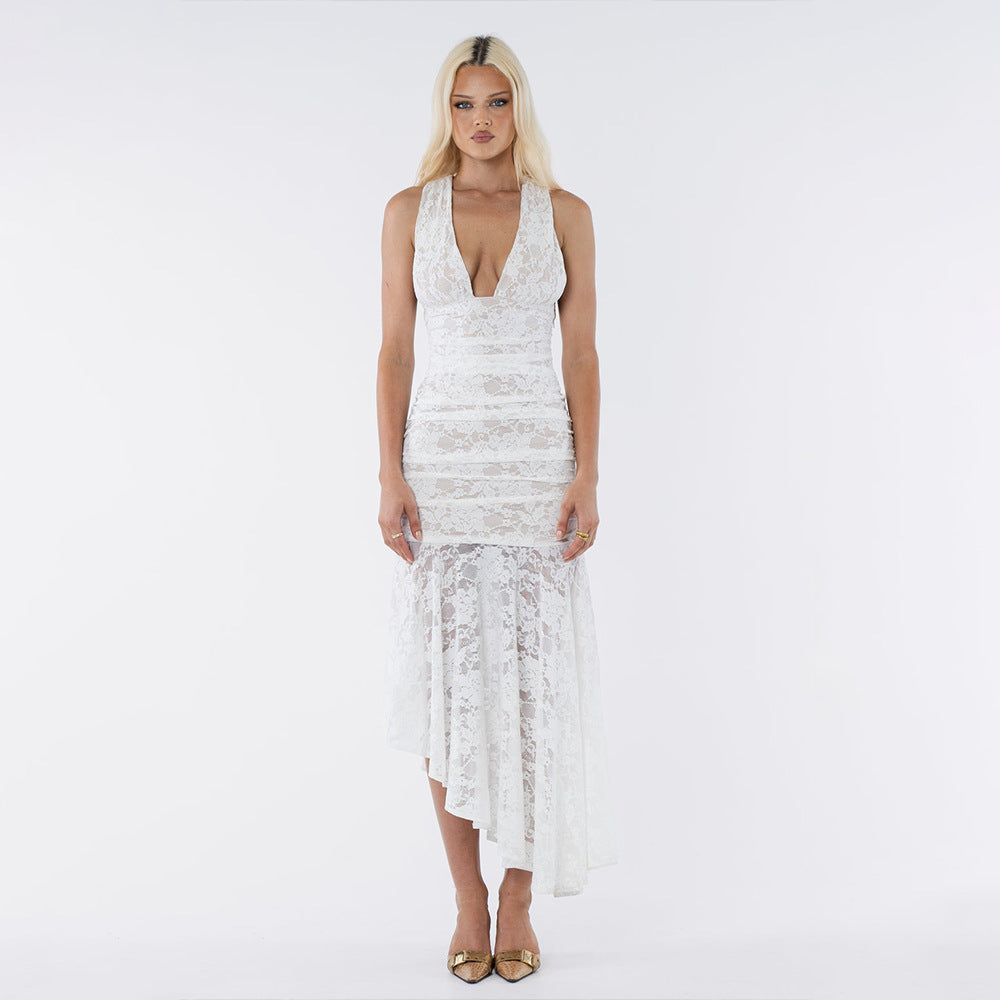 Summer Women's Solid Lace V-Neck Backless Asymmetrical Maxi Dress