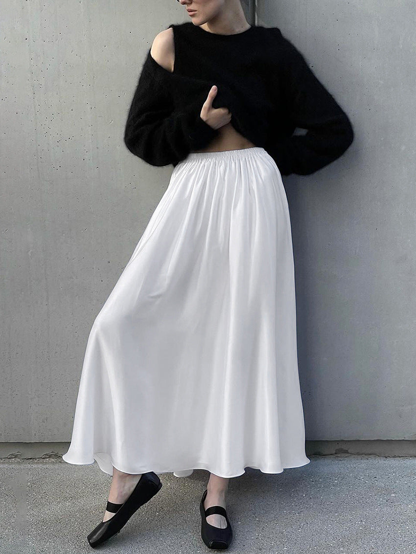 Women's White Satin High-Waist Elastic Waistband Midi Skirt