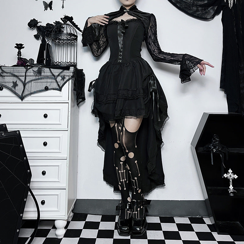 Women's Gothic Sexy Slim Corset Strapless Lace Dress - Waist-Tie High-Waisted Gown