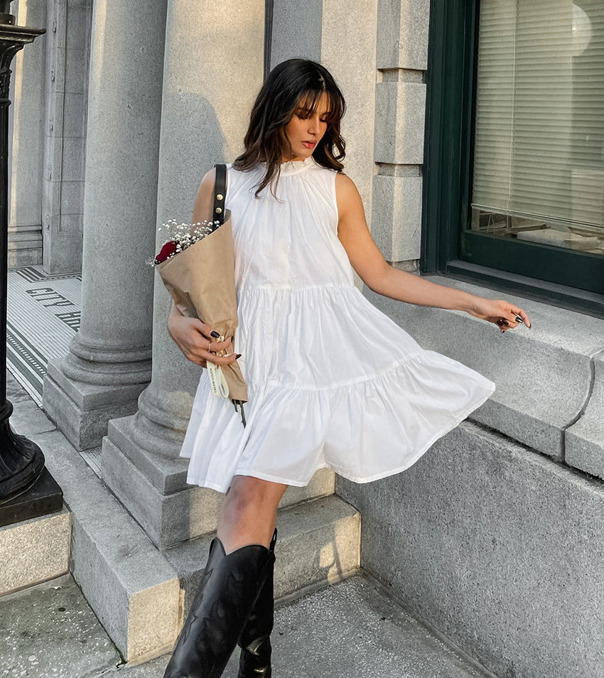 Women's Spring and Summer Versatile White Round Neck Bow Tie Short Dress