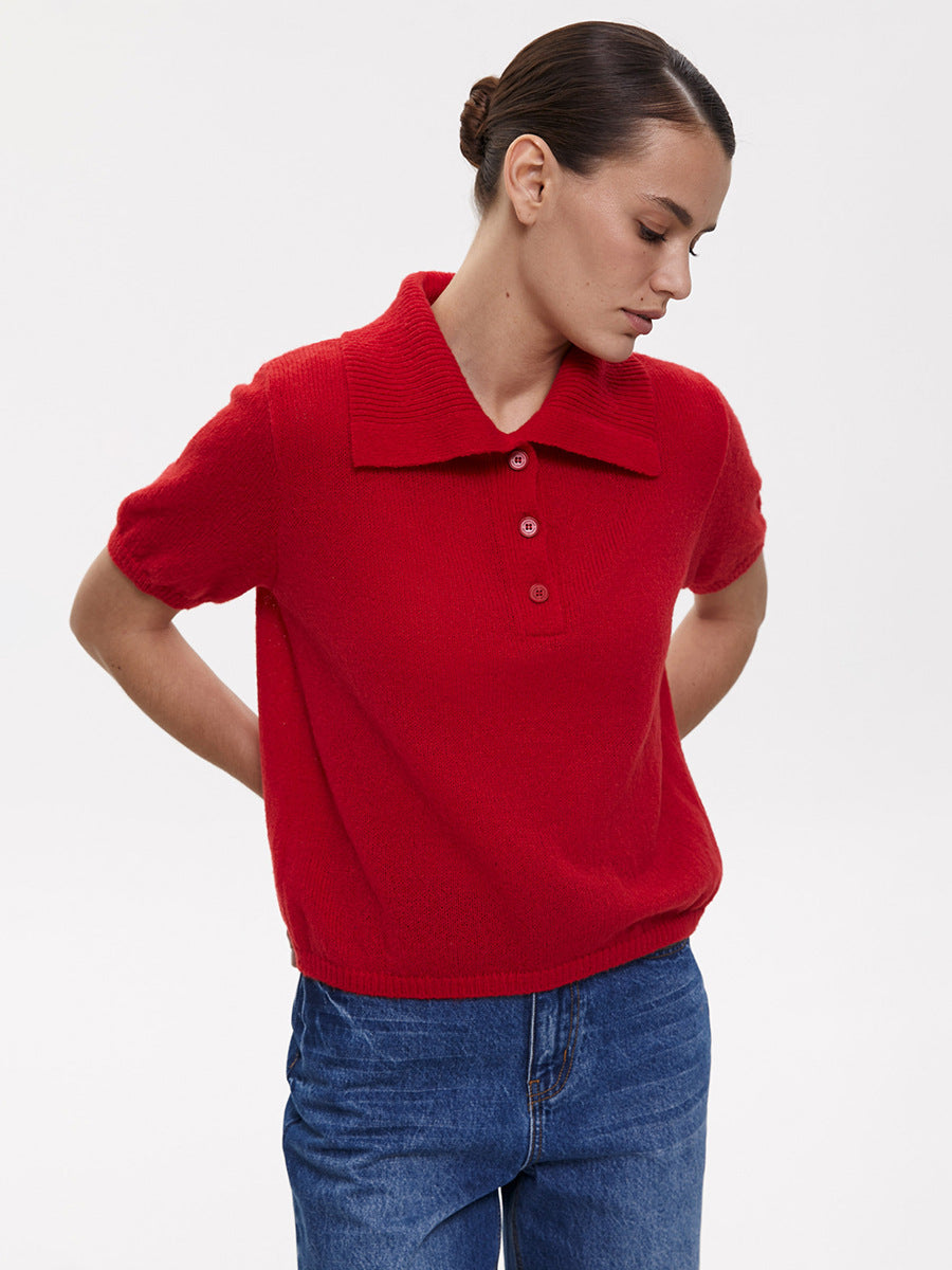 Women’s Spring Summer Mohair Knit T-Shirt Sweater – Short Puff Sleeve Polo Collar Lightweight Top