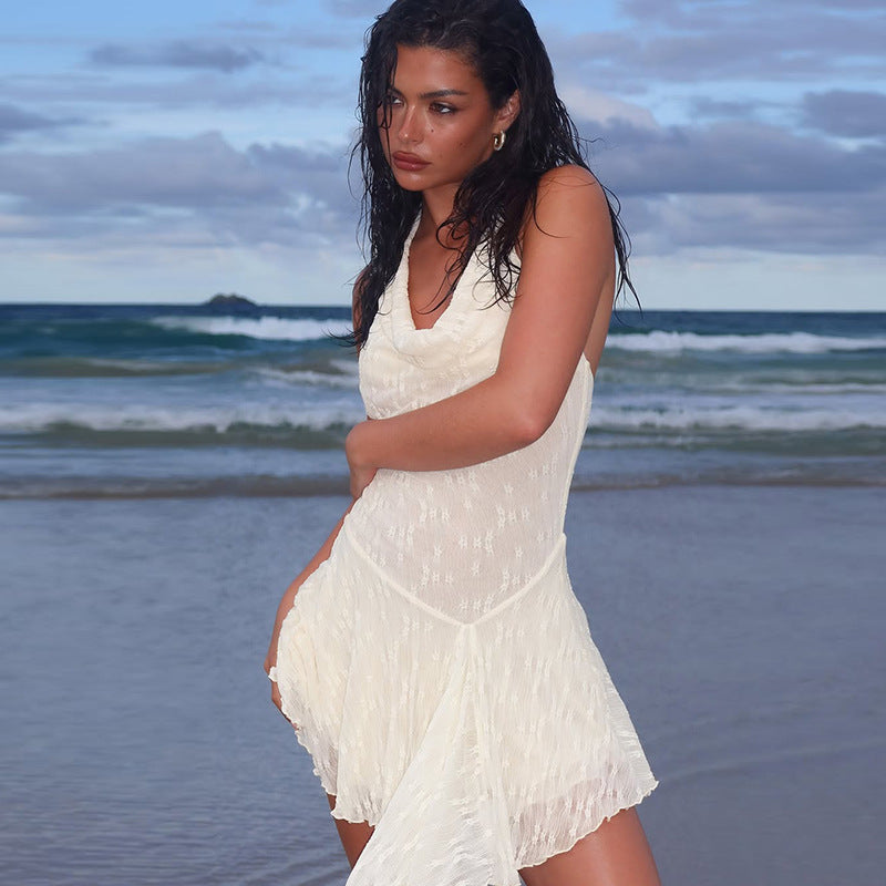 Women’s Summer Sexy Y2K Sheer Lace Halter Backless Dress with V-Neck and Pleated Irregular Hem