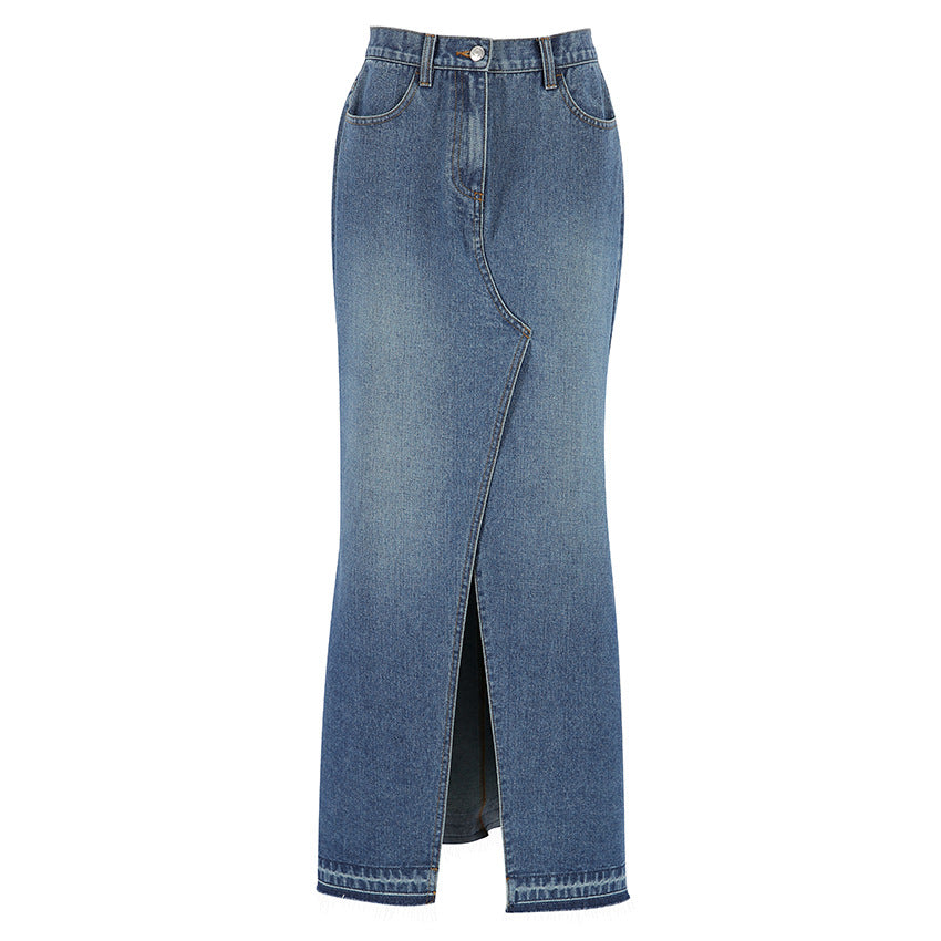 Women's High-Waisted Slim Fit Split Blue Denim Maxi Skirt Bodycon Design