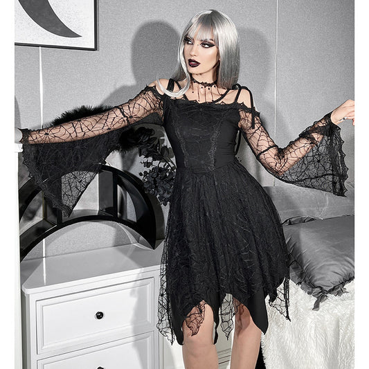 Gothic Sleeveless Lace Dress Halloween A-Line Mini Dress Summer Womens Spaghetti Strap Velvet Dresses Black