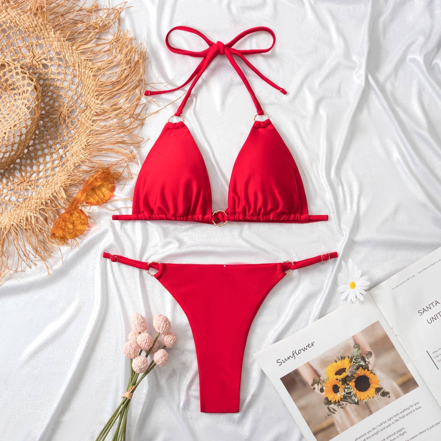 Ring Linked Halter Push Up Bikini Swimsuit