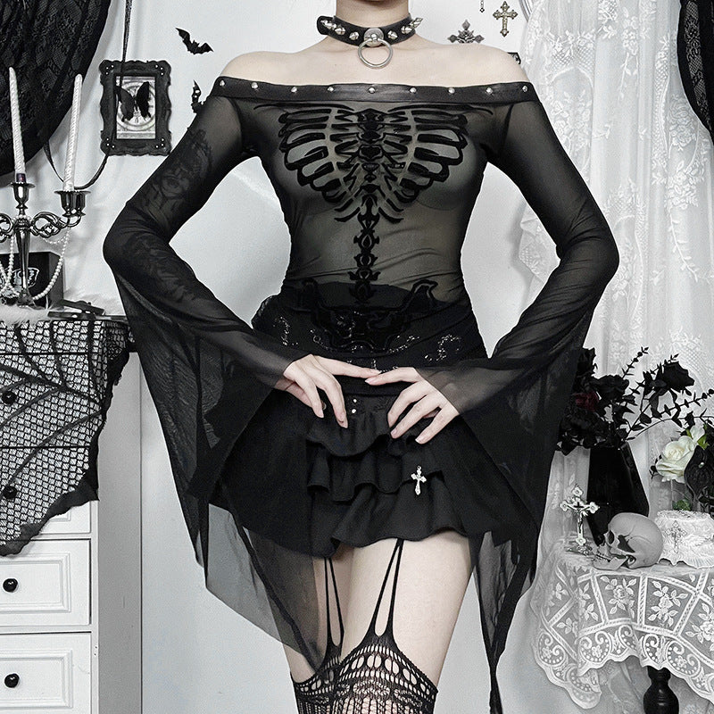 Women's Sexy Gothic Flocked Skull Print Top