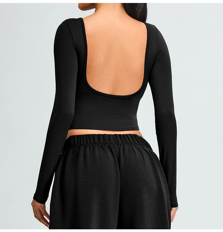 Women's long-sleeved open-back fitness T-shirt