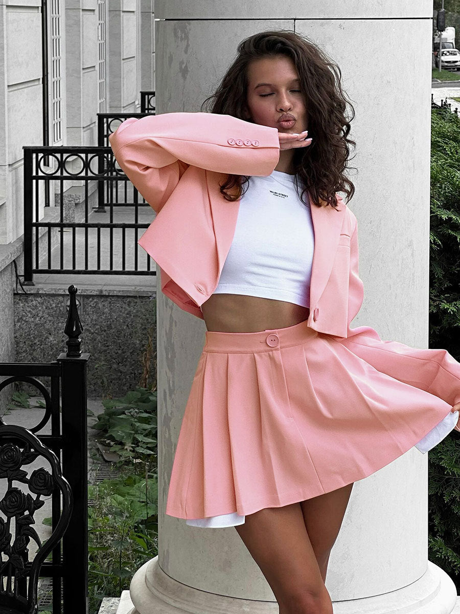 Fashion Sexy Blazer Mini Skirt Set, Shoulder Pad Blazer + Ultra-Short Pleated Skirt