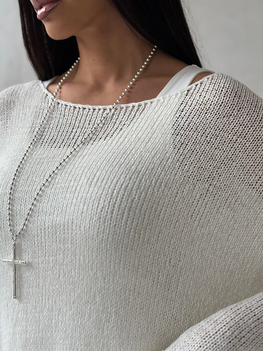 Women's Spring Summer Solid Color Knit Sweater – Loose Fit Long Sleeve Pullover with Hollow-Out and Draped Hem