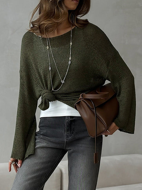 Women's Spring Summer Solid Color Knit Sweater – Loose Fit Long Sleeve Pullover with Hollow-Out and Draped Hem