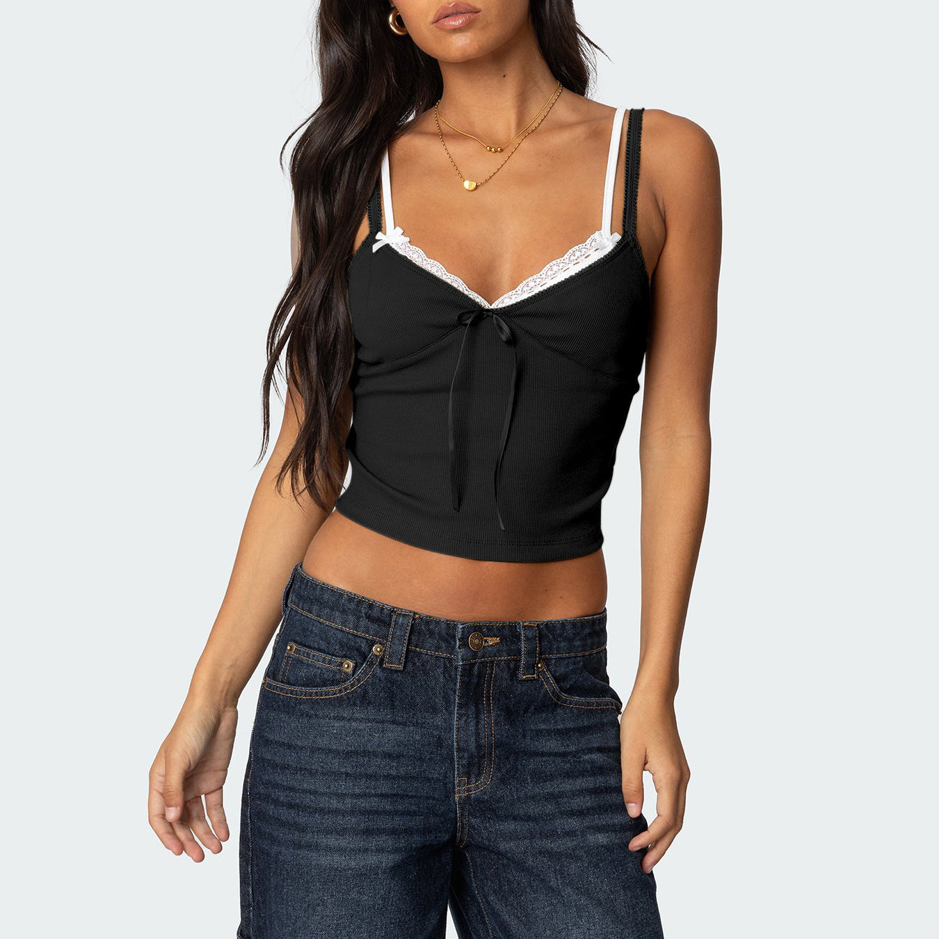 Women's Spring Summer Fashion Contrast Lace Patchwork Double-Strap Camisole with Bow – Slim Fit Faux Two-Piece Top