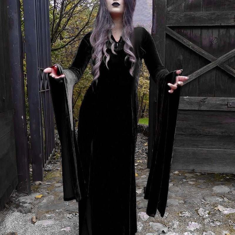 Gothic Contrast Lace Solid Dress, Gothic Flared Sleeve Maxi Halloween Dress