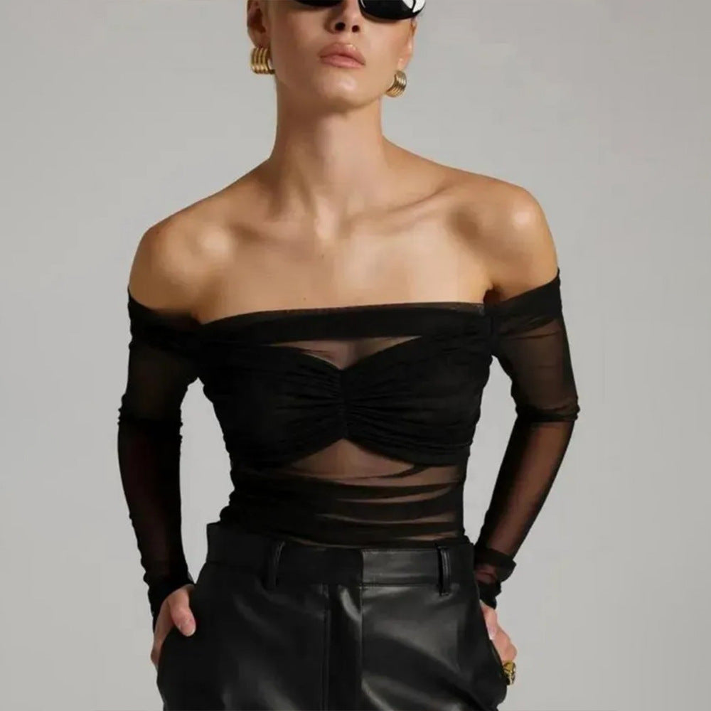 Summer Women's Fashion Off-Shoulder Sheer Mesh Ruched Top