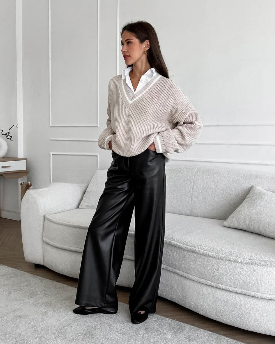 Women’s French Retro Plush Matte Leather Slim High-Waisted Loose Trousers