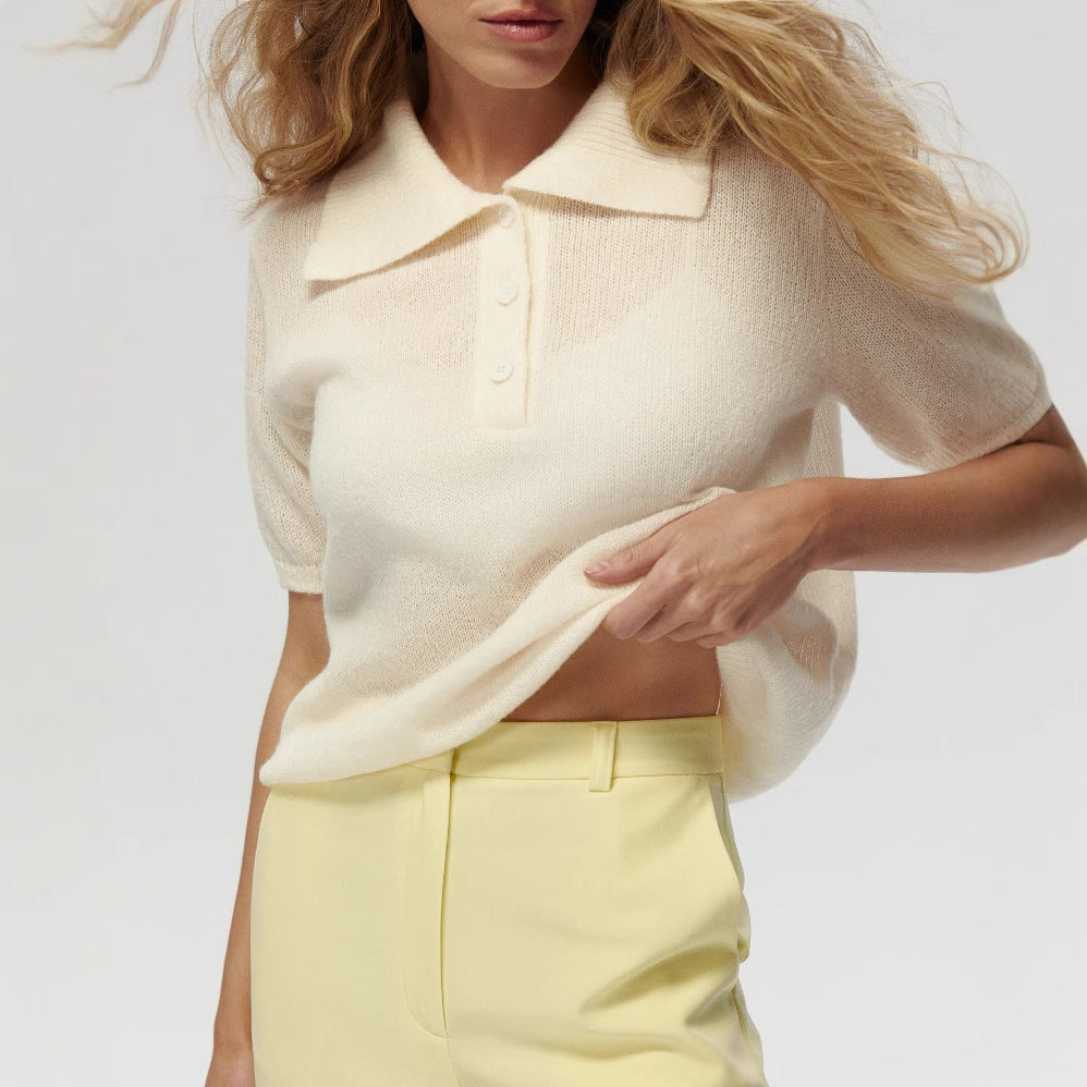 Women’s Spring Summer Mohair Knit T-Shirt Sweater – Short Puff Sleeve Polo Collar Lightweight Top
