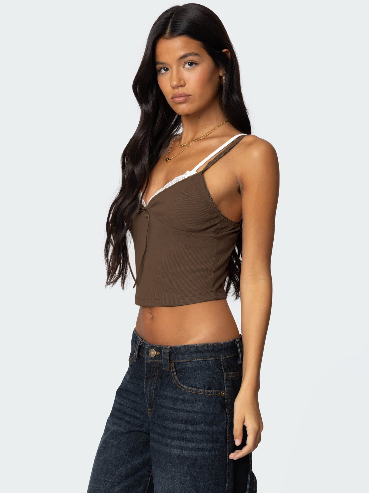 Women's Spring Summer Fashion Contrast Lace Patchwork Double-Strap Camisole with Bow – Slim Fit Faux Two-Piece Top