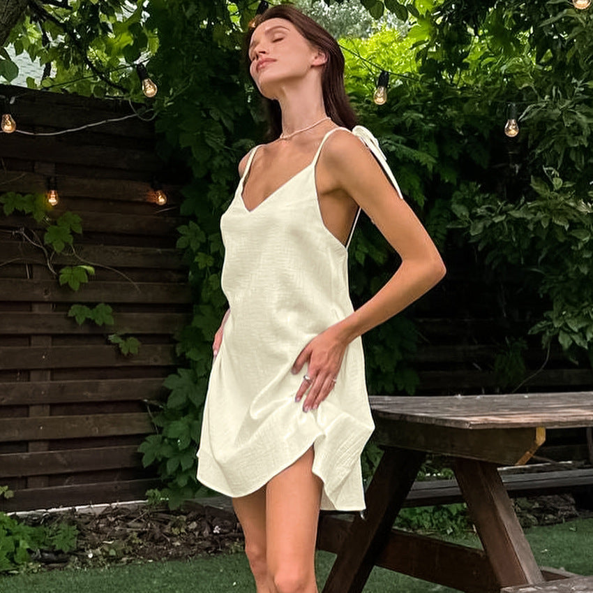 Summer Thin Bubble Cotton Sexy Backless Strap Nightdress - Fashionable Outdoor Women's Loungewear