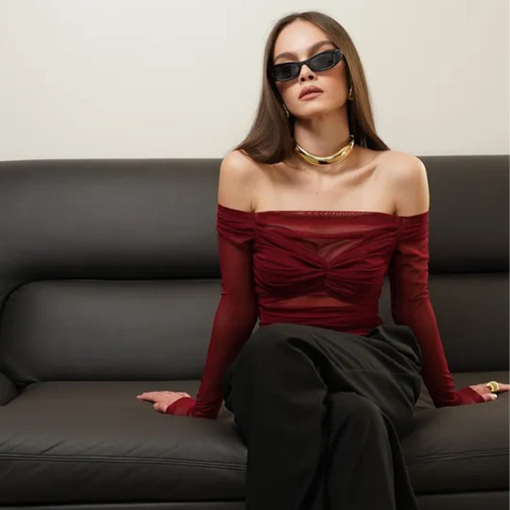 Summer Women's Fashion Off-Shoulder Sheer Mesh Ruched Top