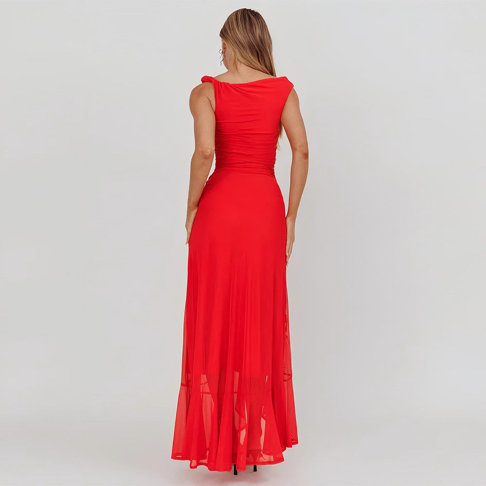 Summer Women's Solid Color Asymmetrical Neck Ruffled Split Waist Slim Dress