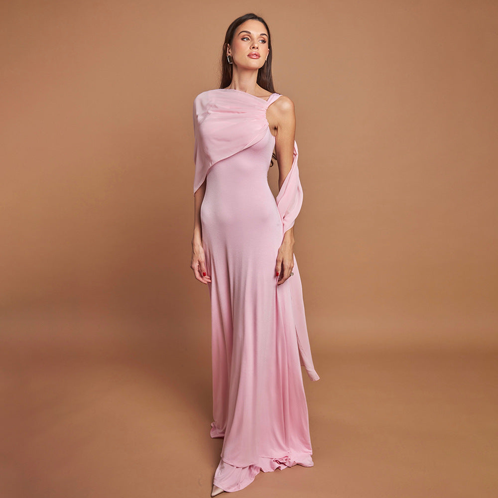Women's Solid Color Puff Sleeve Pleated Maxi Dress with Asymmetrical Square Neck and Flowing Tie Detail