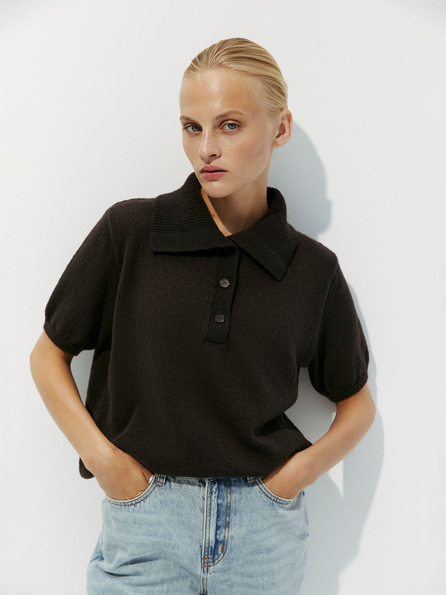 Women’s Spring Summer Mohair Knit T-Shirt Sweater – Short Puff Sleeve Polo Collar Lightweight Top