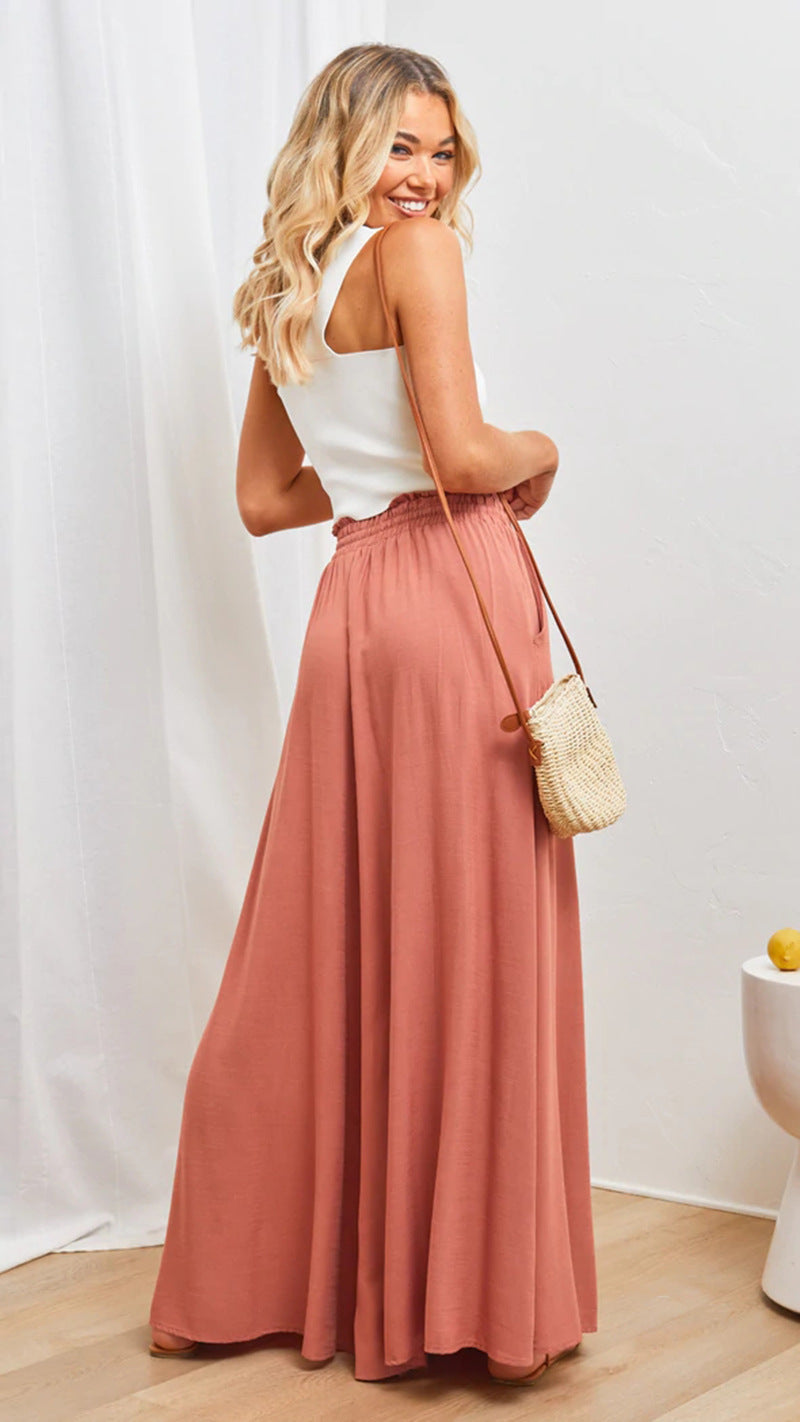 Women’s Multi-Color Elastic Waist High-Waisted Wide-Leg Long Skirt Pants
