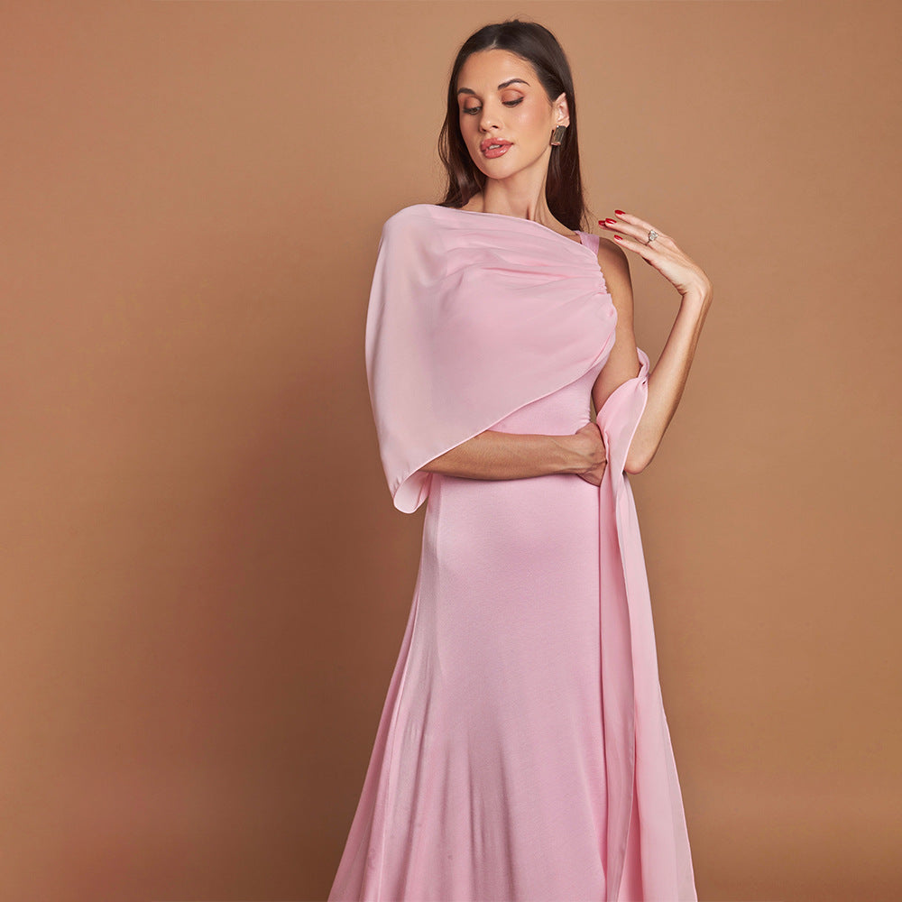 Women's Solid Color Puff Sleeve Pleated Maxi Dress with Asymmetrical Square Neck and Flowing Tie Detail