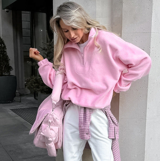 Women's Pink Fleece Loose Pullover Sherpa Sweatshirt