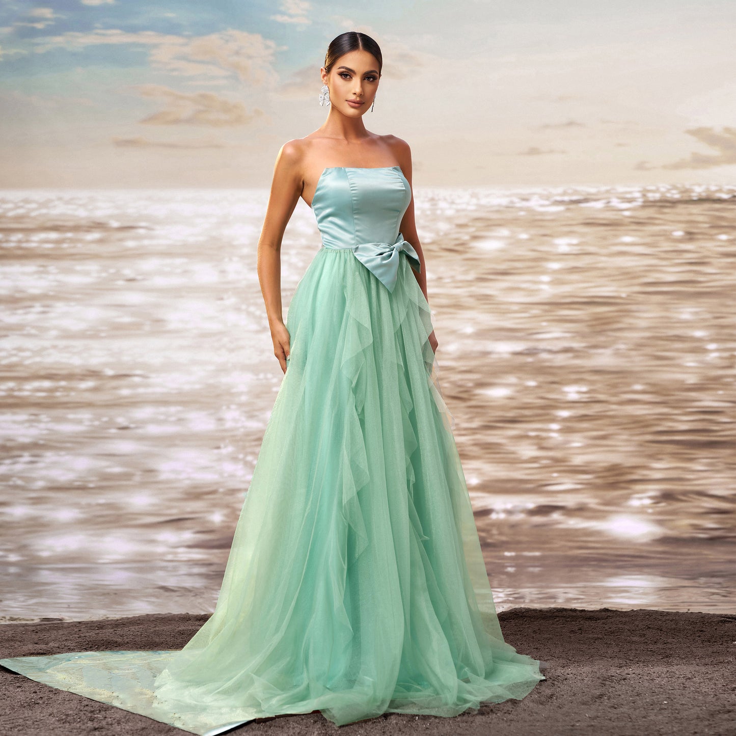 Women's advanced chest-wrapped slim waist green large skirt mesh evening dress
