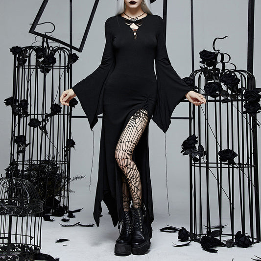Gothic Maxi Dress Vintage Witch Style Deep V Neck High Split Side-Slit Long Sleeved Dress