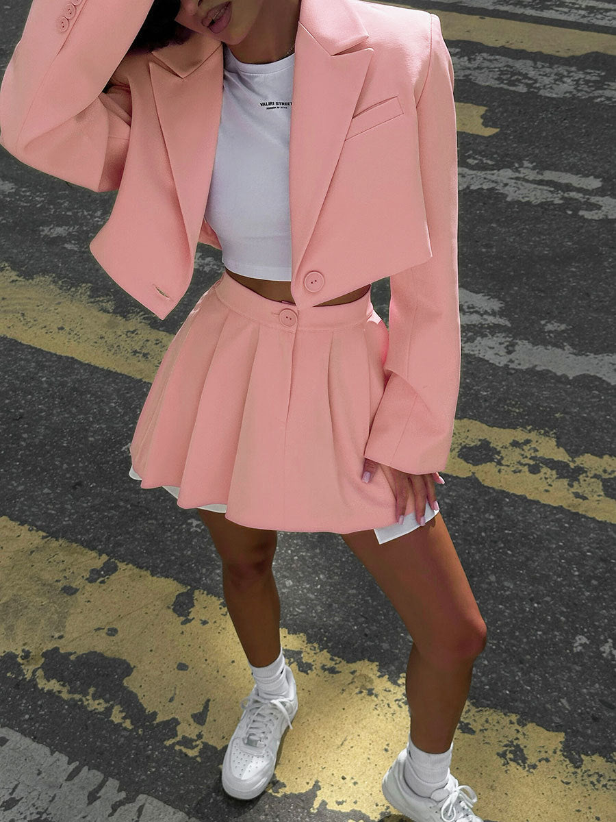Fashion Sexy Blazer Mini Skirt Set, Shoulder Pad Blazer + Ultra-Short Pleated Skirt