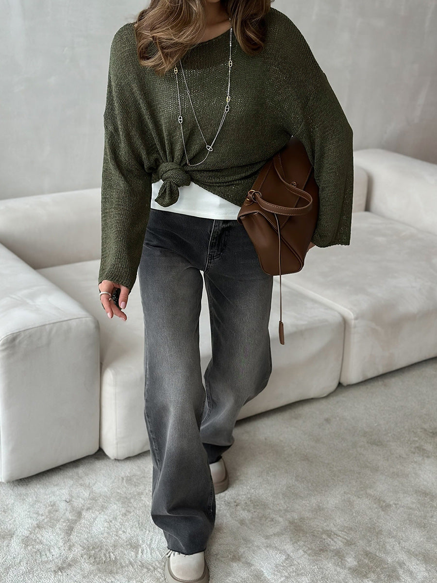 Women's Spring Summer Solid Color Knit Sweater – Loose Fit Long Sleeve Pullover with Hollow-Out and Draped Hem