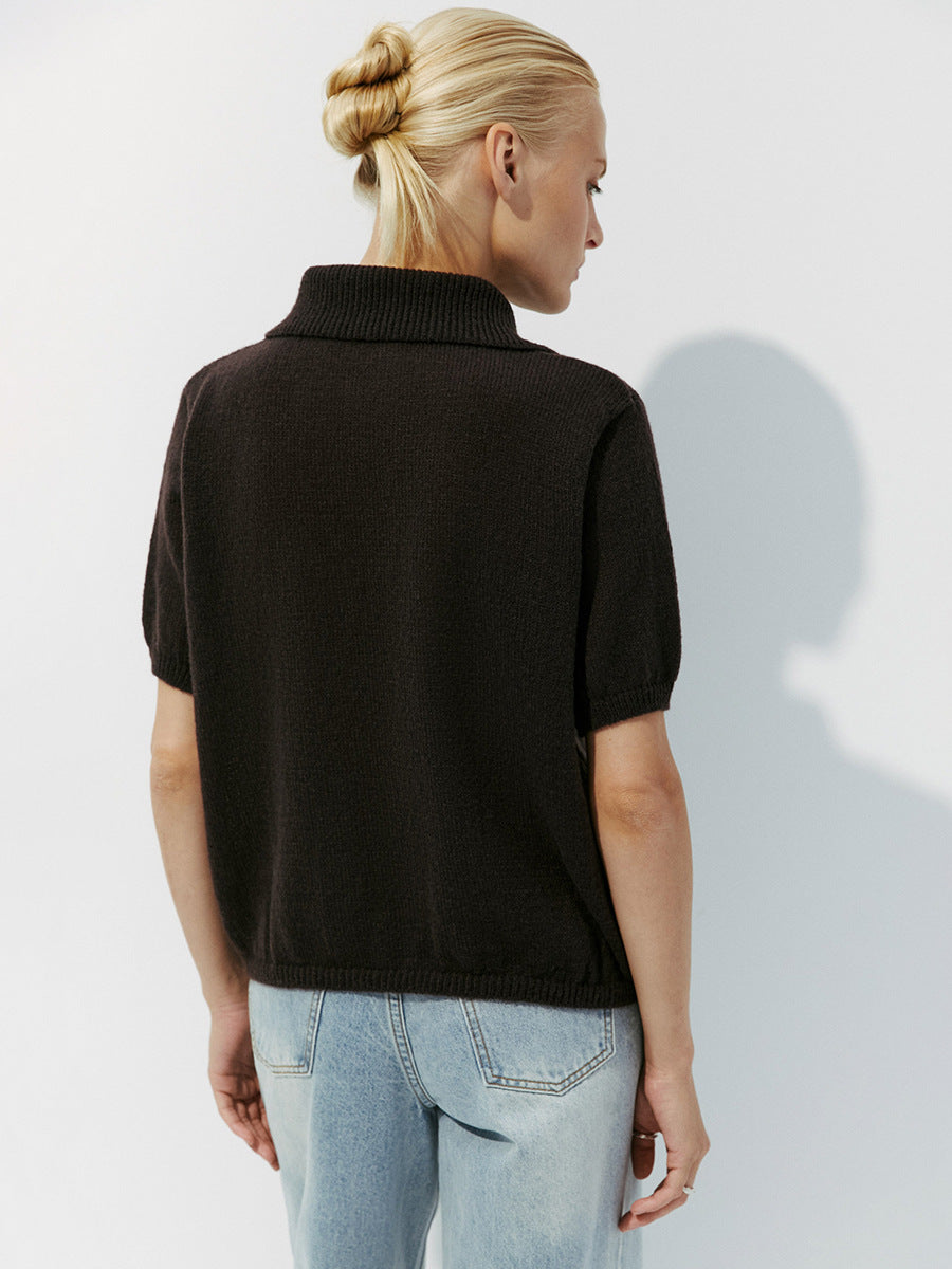 Women’s Spring Summer Mohair Knit T-Shirt Sweater – Short Puff Sleeve Polo Collar Lightweight Top