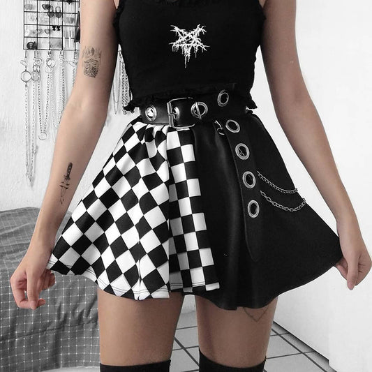 Goth Black Pleated Mini Skirt with Chain High Waisted Tennis Skirt