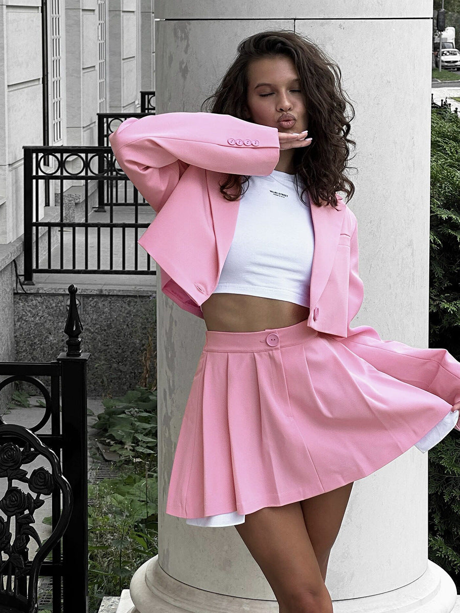 Fashion Sexy Blazer Mini Skirt Set, Shoulder Pad Blazer + Ultra-Short Pleated Skirt
